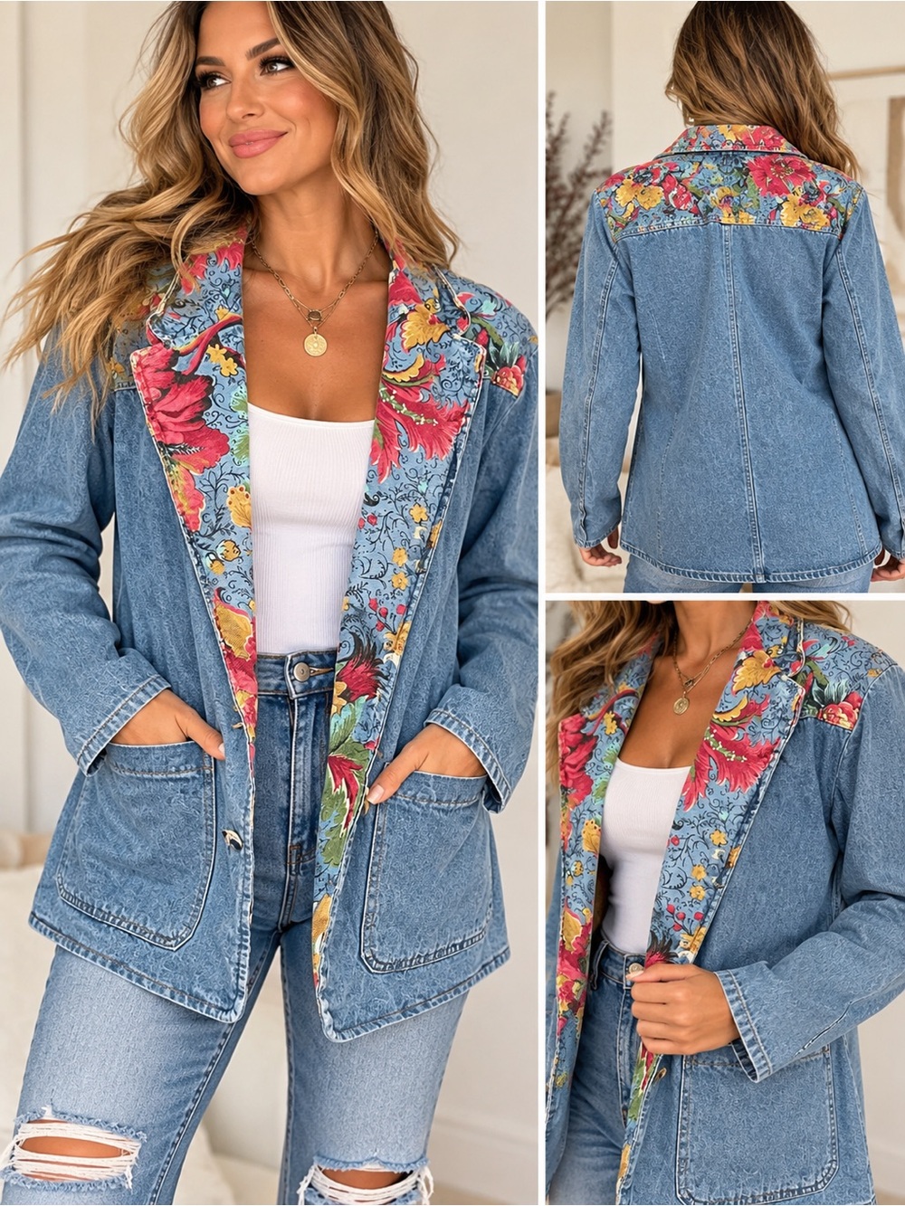 Floral Trim Light Blue Denim Jacket for Women